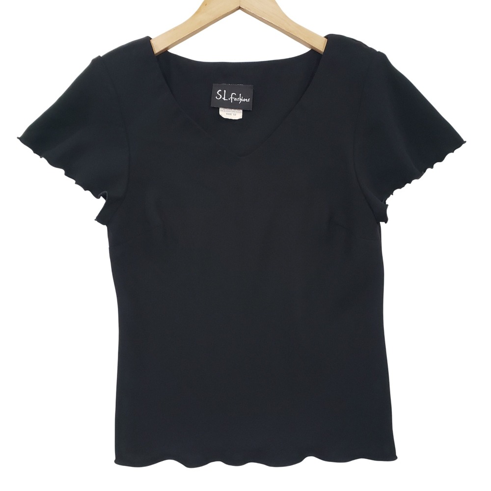 SL Fashions‎ Black V Neck Flutter Sleeve Top Womens Size 12 Whimisigoth Grunge